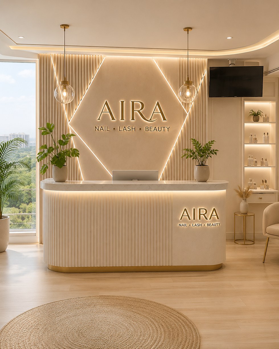 The AIRA reception, with a backlit gold wordmark and fluted panelling.