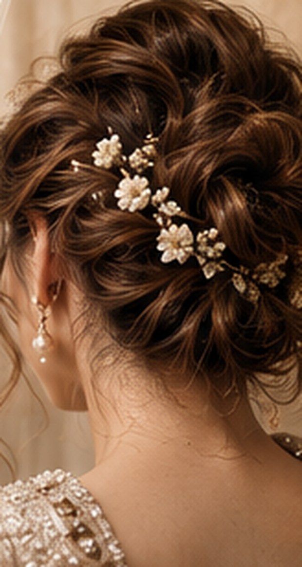 A bridal updo with floral pins and gold jewellery.