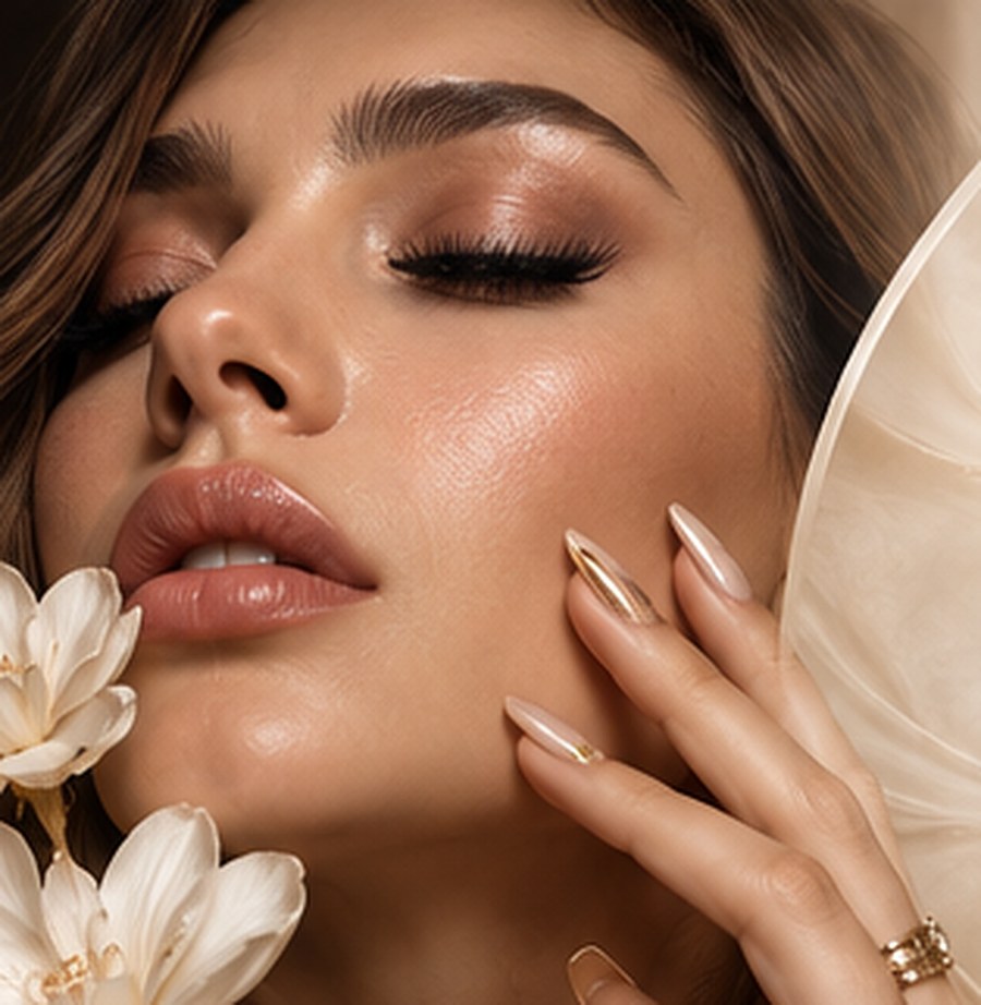 A guest with her hand at her cheek, showing a nude manicure.