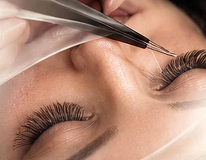 A lash artist applying an extension with tweezers.