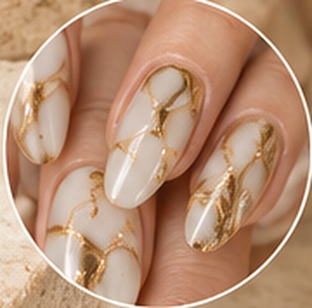 Close detail of hand-painted gold nail art.