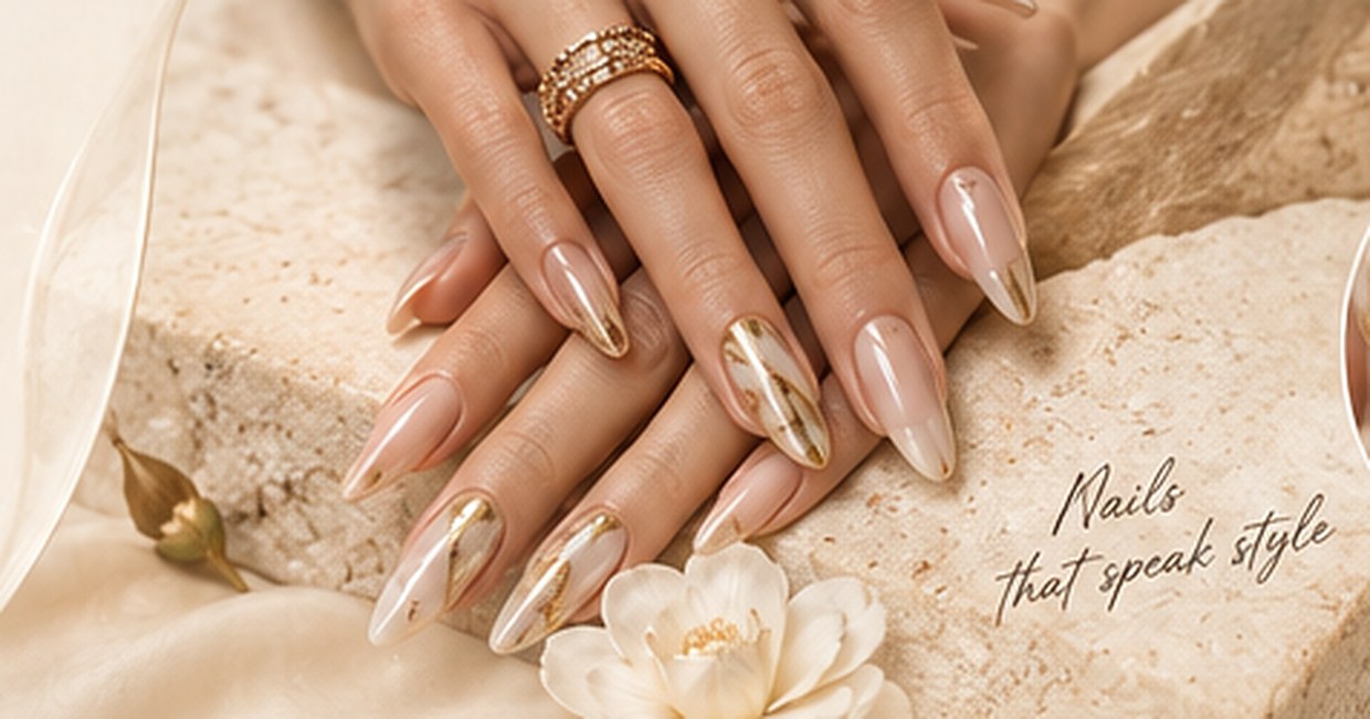 Hands resting on stone, wearing almond gel nails with gold detail.